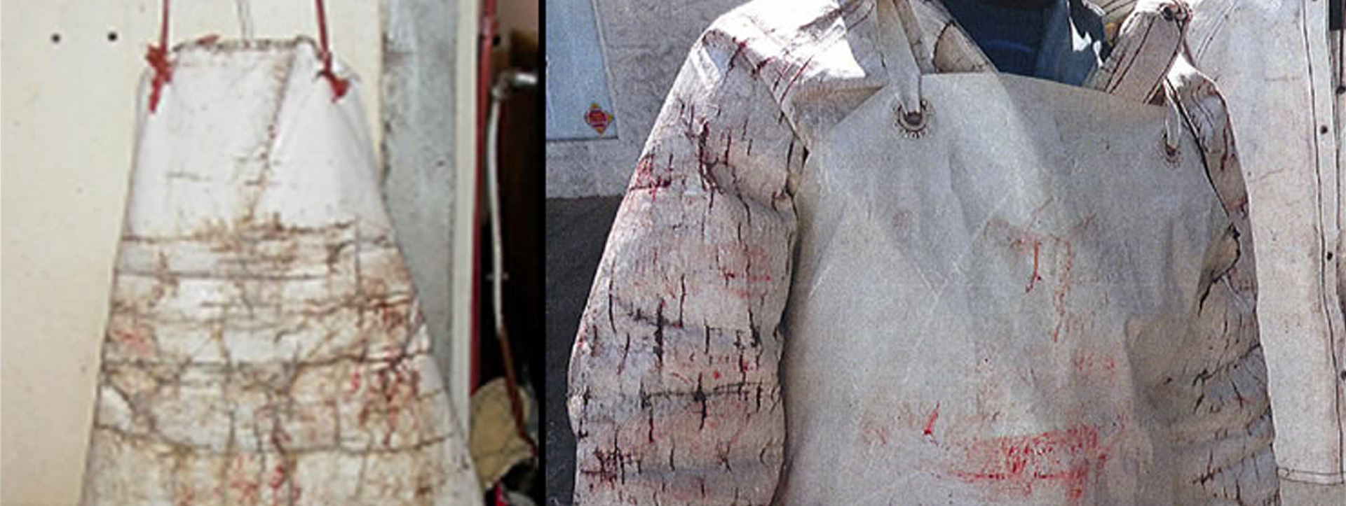 A worn-out, peeling, and cracked industrial apron showing severe hygienic degradation and material damage after short-term use.